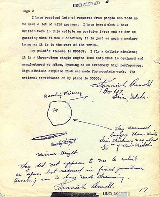 A 1947 report by Kenneth Arnold to Army Air Forces intelligence, with typed text, handwritten notes, and his own sketches of the objects he saw near Mount Rainier