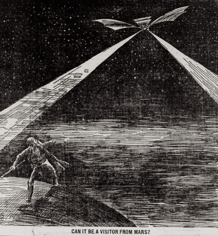 An 1897 newspaper illustration captioned 'Can It Be a Visitor from Mars?', showing beams of light from a winged craft in the sky striking a startled man on a hilltop.