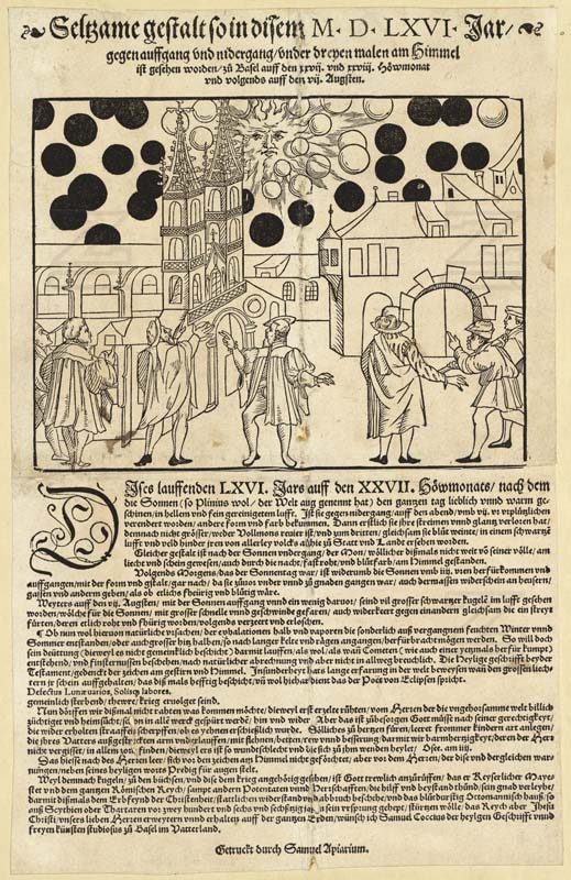 The 1566 Basel broadsheet, a woodcut news sheet describing black spheres seen near the sun over the city, with German text below.
