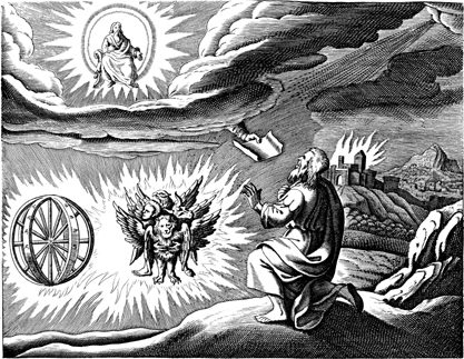 A 1670 engraving of Ezekiel's chariot vision, showing four winged creatures around a wheeled throne beneath a radiant sky.