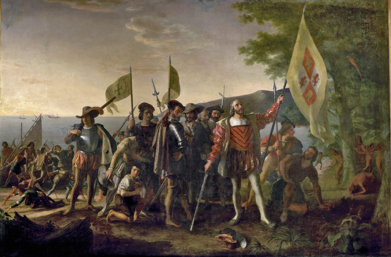 John Vanderlyn's painting of Columbus landing in the West Indies, raising a banner on the shore as his crew and onlookers gather.