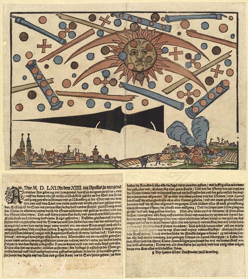 The 1561 Nuremberg broadsheet: a woodcut of the dawn sky crowded with spheres, crosses, cylinders, and crescents above the city, with German text below.