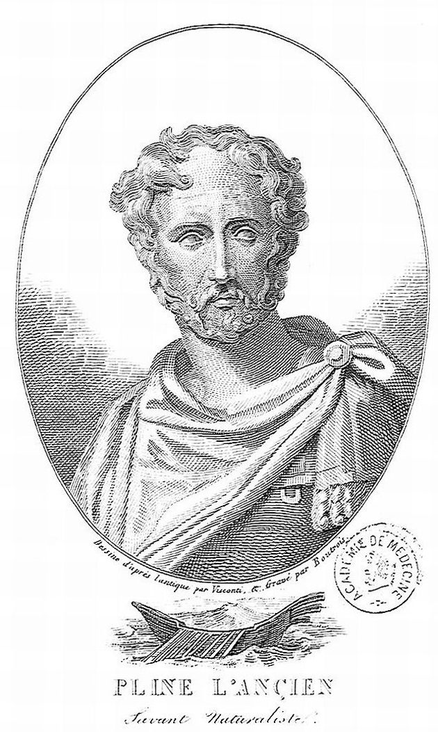An engraved portrait of the Roman naturalist Pliny the Elder.