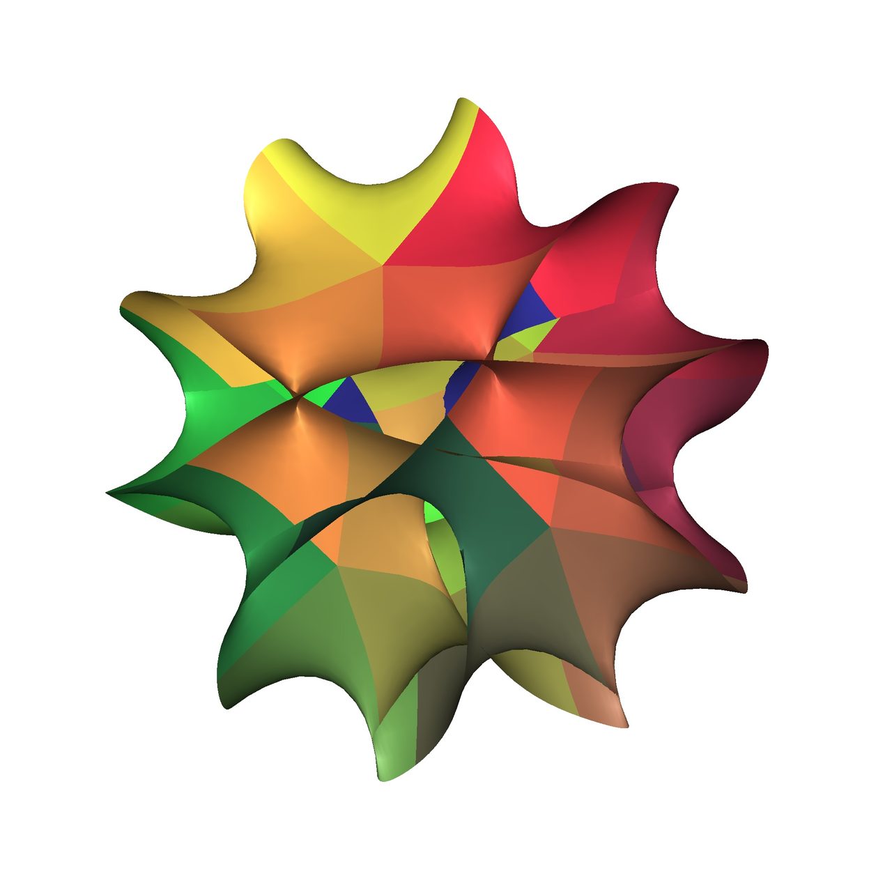 A colorful mathematical visualization of a Calabi-Yau manifold, a folded multi-lobed geometric surface