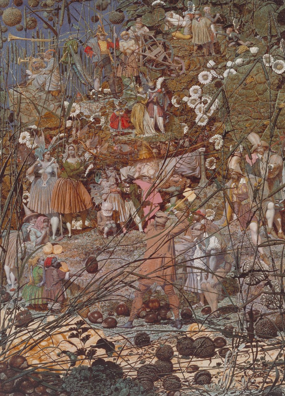 A densely populated Victorian fairy painting showing dozens of small supernatural figures in a woodland scene around a central figure raising a tool