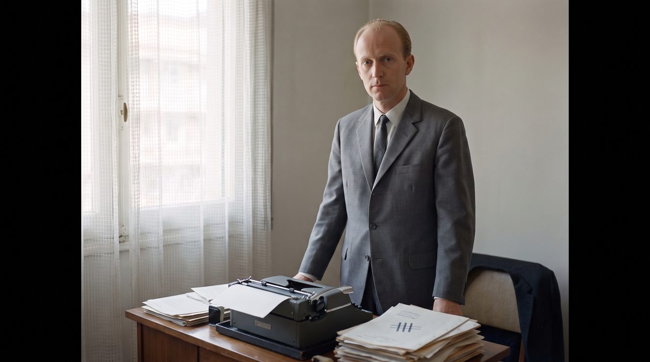 An AI-generated artist's impression of a Ummite, depicted as an ordinary fair-haired man in 1960s Madrid beside a typewriter and a stack of typed letters, reflecting the mythos's claim that the Ummites were indistinguishable from ordinary humans