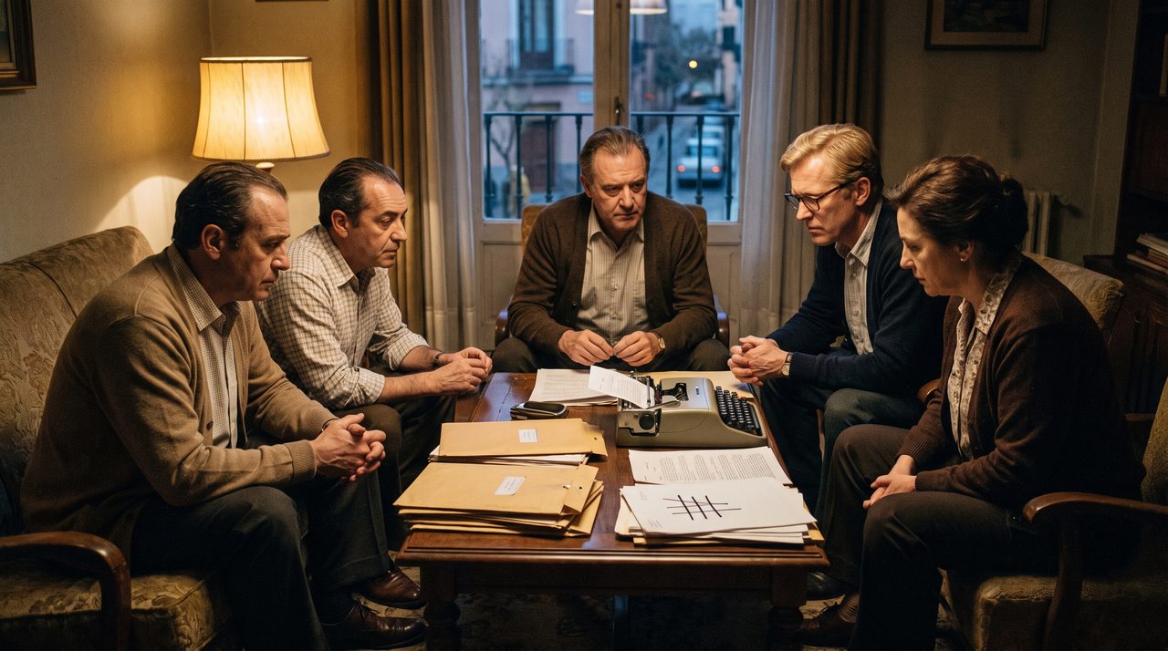 An AI-generated artist's impression of several ordinary-looking people at a table of typed pages and manila envelopes, none identifiable as the claimed Ummite correspondents