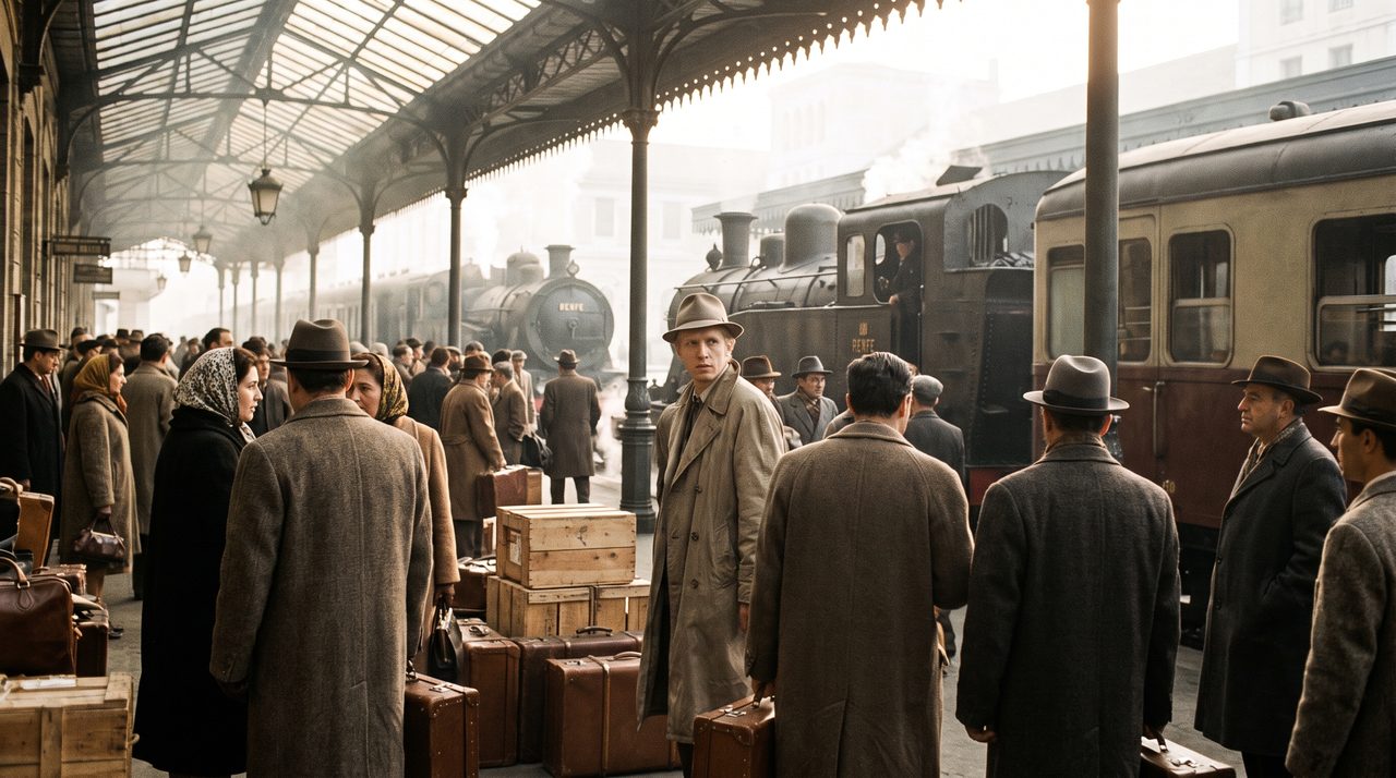 An AI-generated artist's impression of an ordinary-looking man, claimed to be an Ummite, standing unnoticed among commuters on a 1960s Madrid railway platform