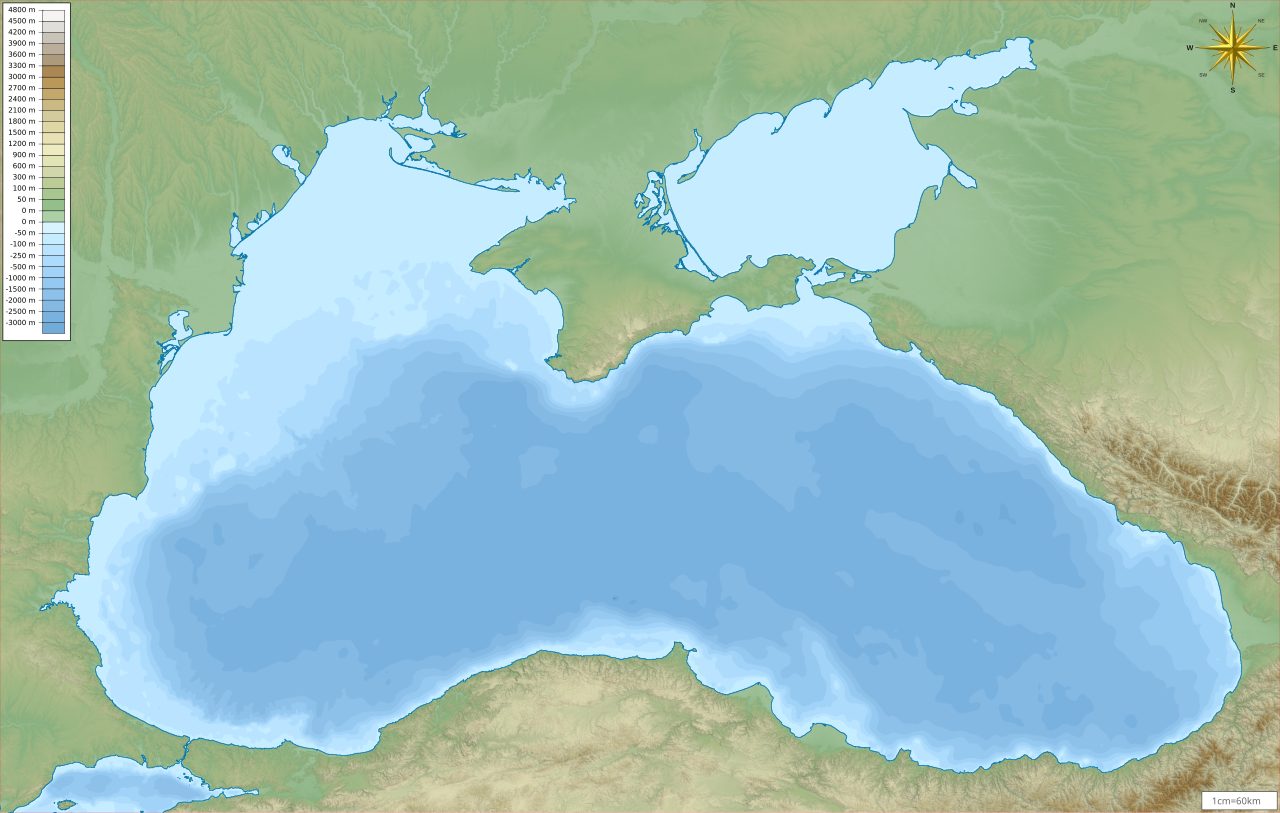 Bathymetric and relief map of the Black Sea and its surrounding land
