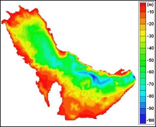 Bathymetric map of the Persian Gulf, showing the shallow basin that was dry land during the last ice age