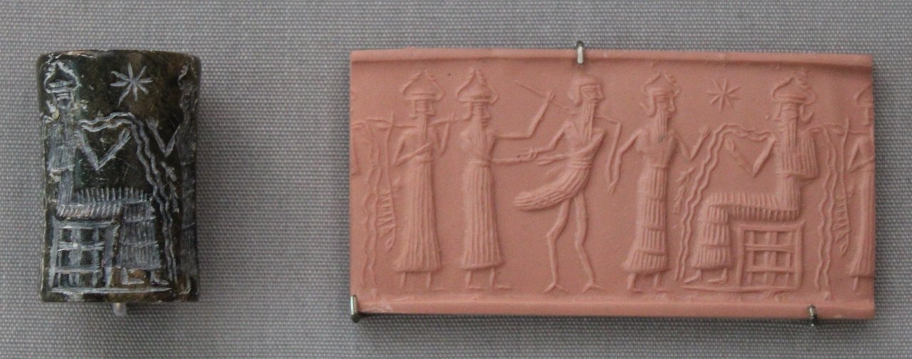 Cylinder seal showing the god Ea enthroned with water flowing from his shoulders, British Museum