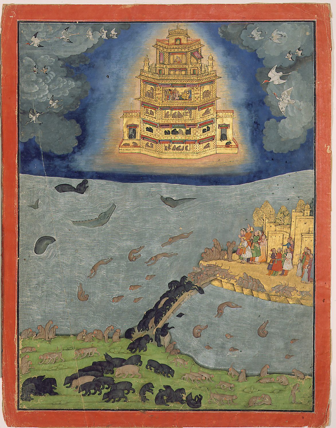 Rama and Sita riding the Pushpaka Vimana across the sky, a scene from the Ramayana