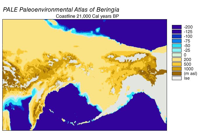 Map of the Beringia land bridge showing sea levels and land elevations from 21,000 years ago to the present