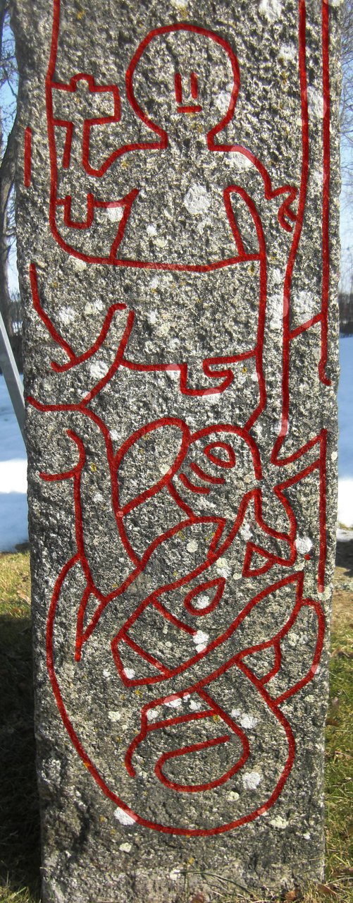 Detail of the Altuna Runestone (U 1161), Sweden, showing Thor hooking Jormungandr