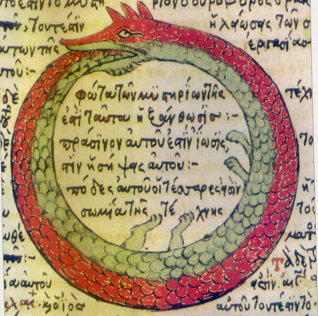Ouroboros illustration from a 1478 CE Byzantine Greek alchemical manuscript, Codex Parisinus graecus 2327