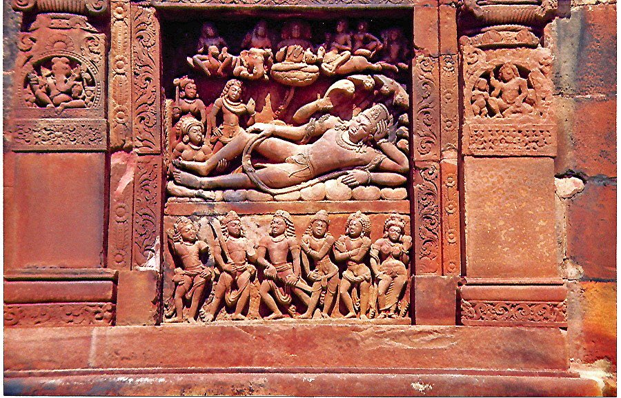 Anantasayi Vishnu relief, Vishnu reclining on the coils of the cosmic serpent Shesha, Dashavatara Temple, Deogarh, India