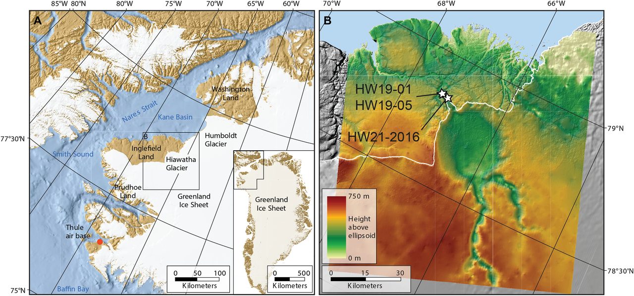 A radar cross-section diagram of the Hiawatha impact structure buried beneath the Greenland ice sheet, from the Kenny et al. 2022 re-dating study